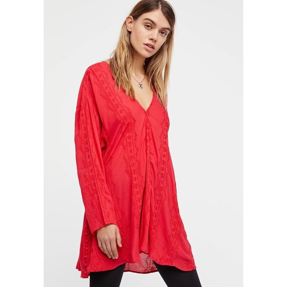 Free People Tops - Free People Sea Breeze 100% Viscose Red Side Button Tunic Top Women's Size XS